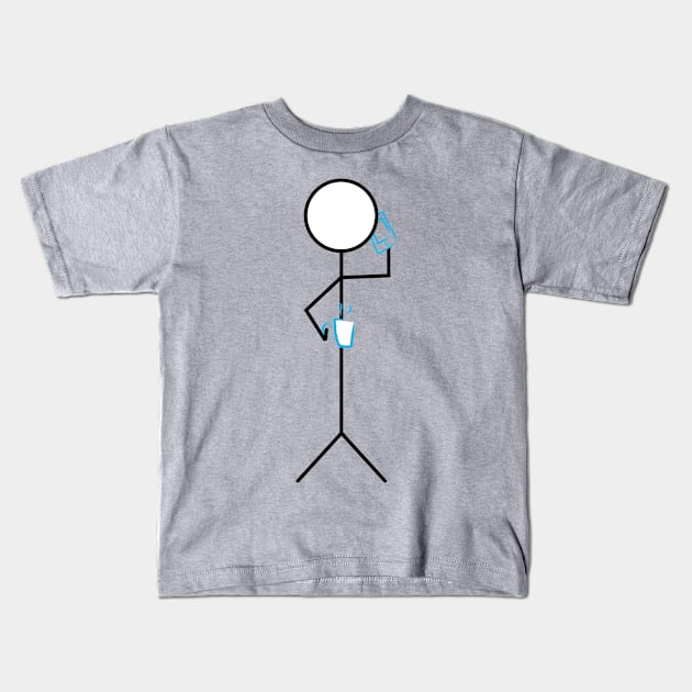 Stick figure holding coffee mug and smartphone Kids T-Shirt by sigdesign